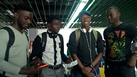 (L--r): Victor Shoaga, Blessing Oyatope, and Otaru Babatunde, Obasegun Ayodele Monday in Lagos boarding to Seattle, Washington, the United states of America for the ongoing 2016 Microsoft Imagine Cup.